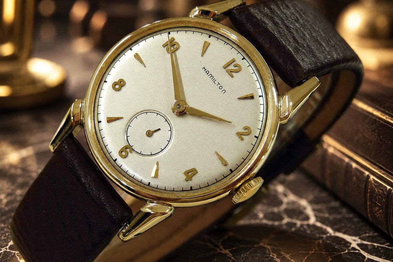 Vintage Hamilton wristwatch with a cream dial and gold hands on a brown
leather strap