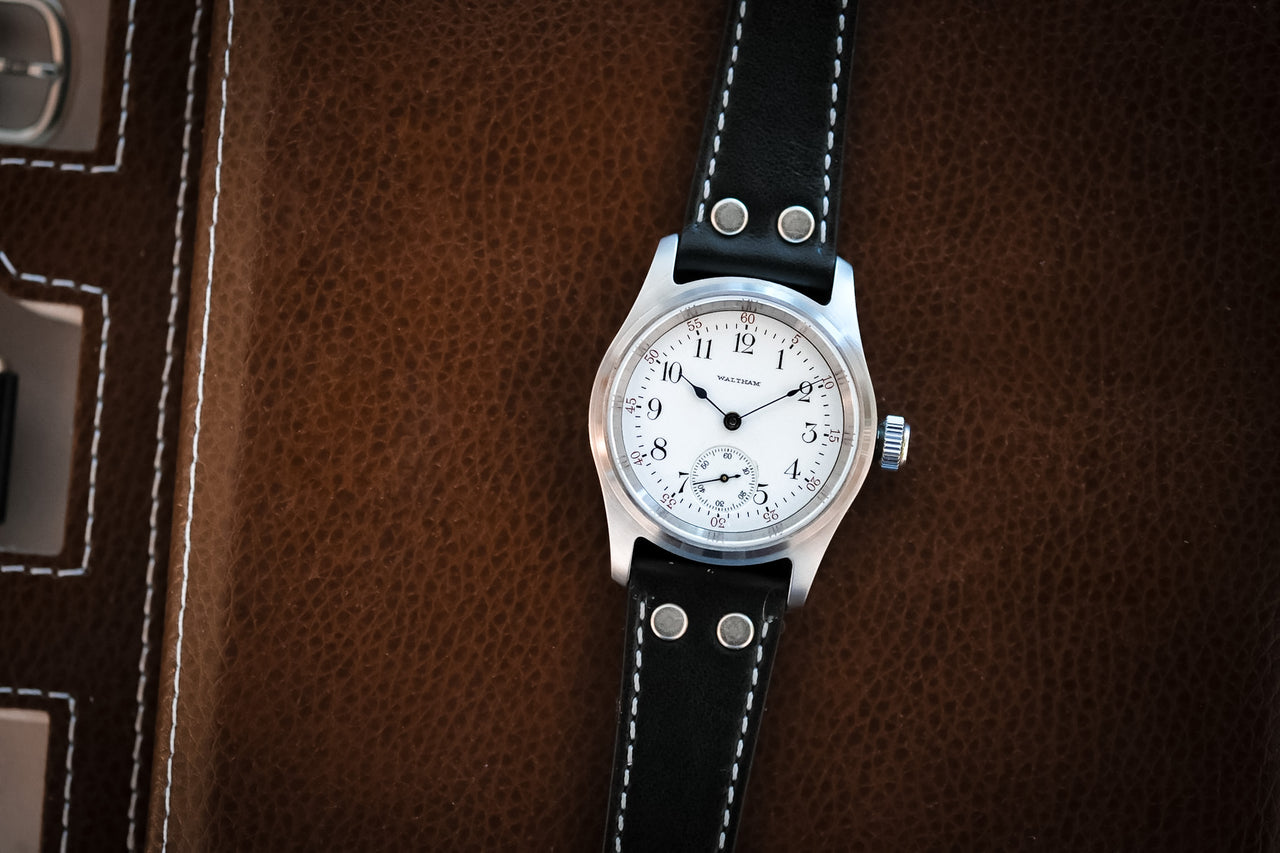 Waltham white enamel dial refinishing on brown leather